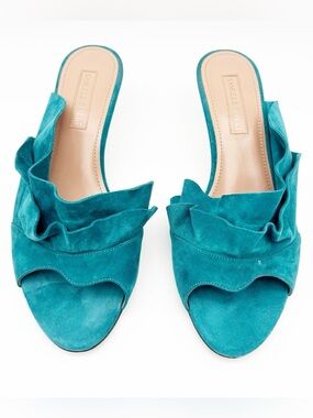 Samuele Failli Chelsie Turquoise Suede‎ Ruffle Kitten Heels Size 37.5
